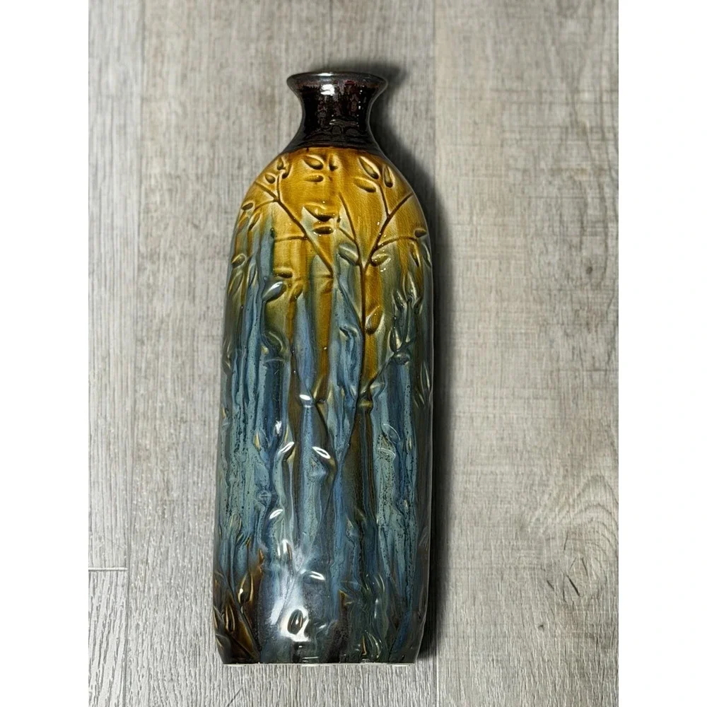 Vintage Style Blue Brown Drip Glaze Art Pottery Vase Embossed Floral Relief